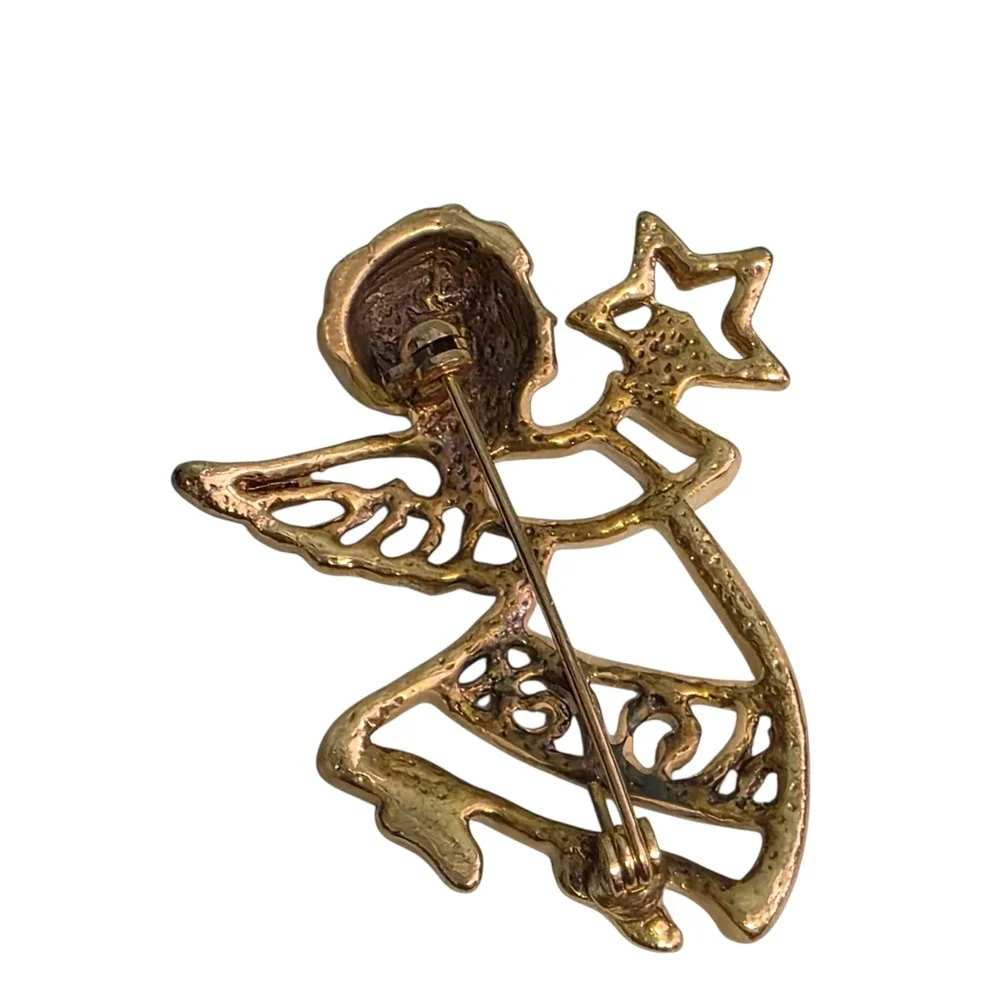 Vintage Gold Tone Angel Holding‎ Star Brooch Pin Celestial Cherub Jewelry